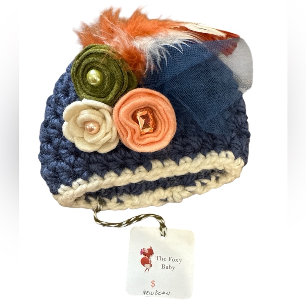 The Foxy Baby Newborn Knit Hat Floral Feathers Pearl Rhinestone Tulle Blue